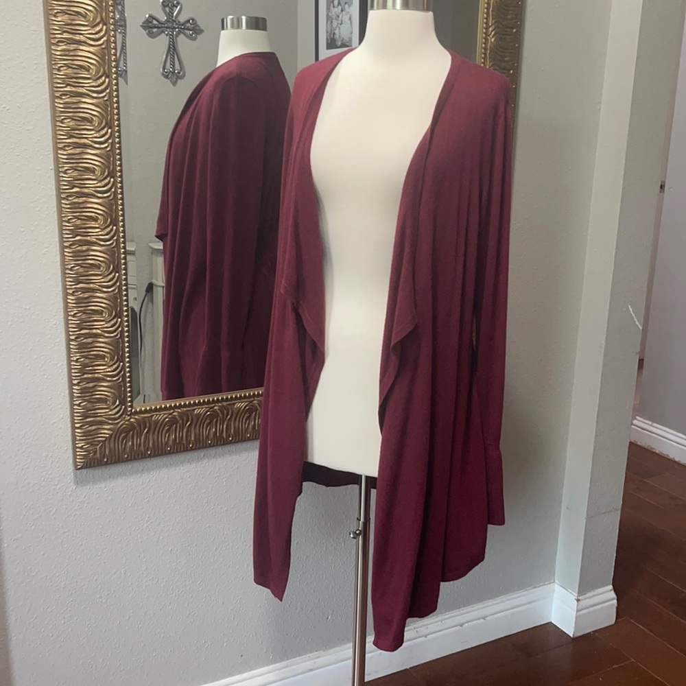 White House Black Market Draped Open-Front Cardigan in Burgundy